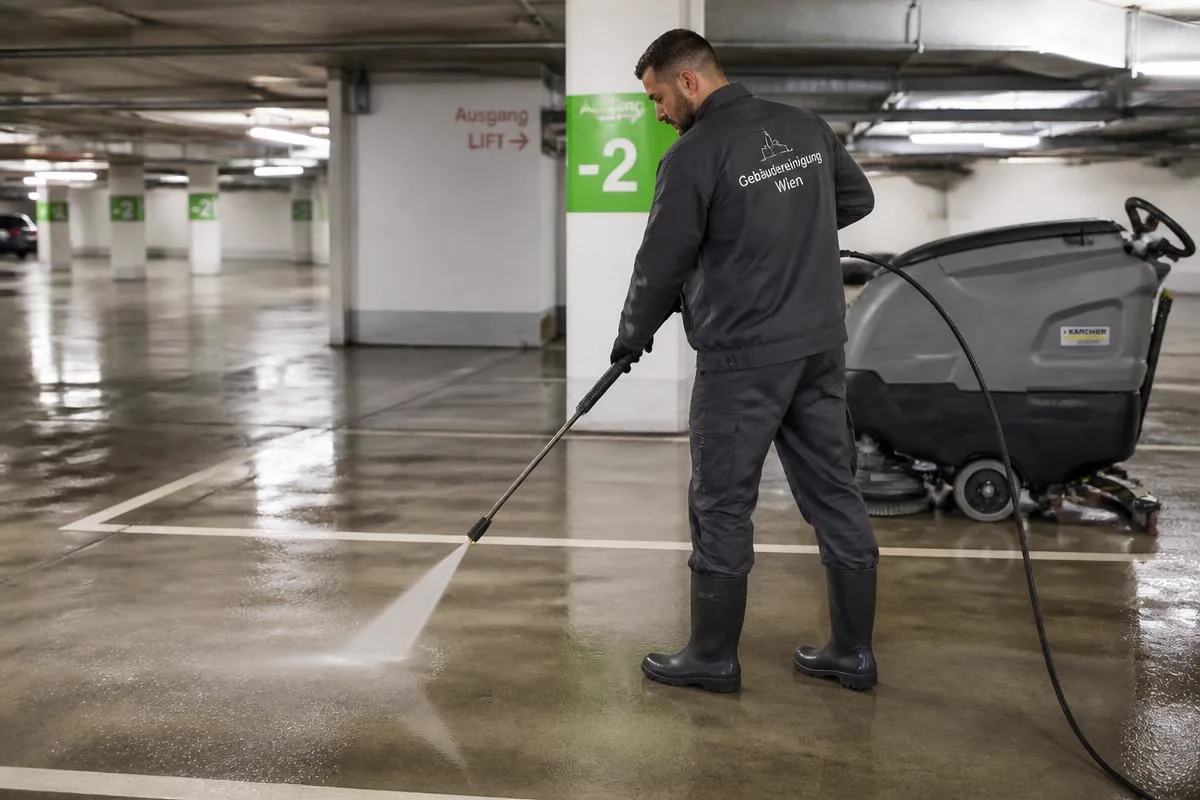 Garagenreinigung Wien – Clean4You reinigt eine Tiefgarage maschinell